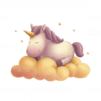 Dreamy unicorn sleeping on fluffy cloud, surrounded by stars, evokes sense of fantasy and calm png