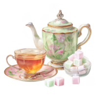 Cozy tea set with teapot, cup, and sugar cubes creates warm atmosphere png