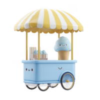 Cute ice cream cart with smiling face, featuring blue ice cream cones and cheerful design png