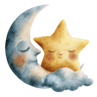Sleepy moon and blushing star duo resting on cloud, creating whimsical celestial scene png