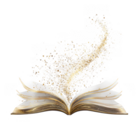 Open book with shimmering pages releases magical swirl of golden particles, symbolizing knowledge and creativity. This enchanting image captures essence of education and inspiration png