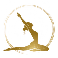 Graceful silhouette of woman performing yoga pose, surrounded by circular gold line. This artwork embodies wellness and tranquility, perfect for promoting mindfulness and relaxation png