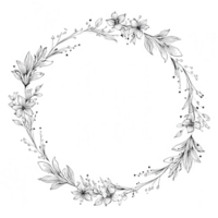 Floral wreath design featuring intricate leaves and flowers, perfect for decorative purposes and adding touch of elegance to any project. This continuous line art creates beautiful frame png