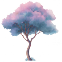 Magical pastel colored tree stands gracefully, its branches reaching out in whimsical manner. soft hues of pink and blue create serene atmosphere, perfect for dreamy forest setting png