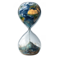 Hourglass symbolizes passage of time, featuring Earth within it, representing urgency of environmental issues. sand flowing through reflects dwindling resources and time we have to address these png
