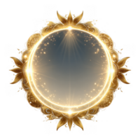 Mystical golden circular frame adorned with intricate floral designs and glowing light emanating from center, creating magical and enchanting atmosphere. This symbol evokes sense of spirituality png