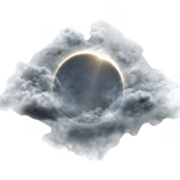 Solar eclipse is beautifully captured through dreamy sky filled with clouds, creating mystical atmosphere. interplay of light and shadow evokes sense of wonder and awe png