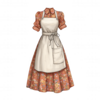 Vintage linen dress with apron, featuring floral pattern and classic collar. This charming fashion element evokes sense of nostalgia and warmth, perfect for various creative projects png