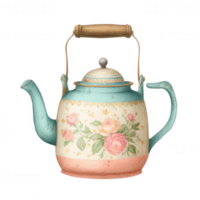 Vintage teapot featuring floral design with roses, showcasing charming cottagecore aesthetic. This kitchenware element adds nostalgic touch to any setting, perfect for tea lovers png