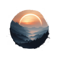 Stunning digital artwork depicting serene mountain landscape sunset, featuring large sun partially obscured by horizon. layers of mountains create sense of depth and tranquility, evoking feelings png