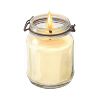 Glowing candle in glass jar creates warm and inviting atmosphere, perfect for relaxation and ambiance. gentle flicker of flame adds soothing touch to any space png