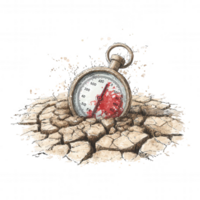 Stopwatch embedded in cracked earth symbolizes urgency of climate change and global warming. thermometer indicates rising temperatures, highlighting environmental concerns png