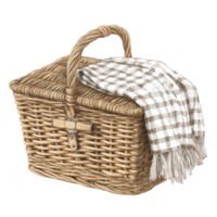Woven picnic basket with checkered blanket draped over it, perfect for outdoor gatherings and romantic outings. This charming element adds cozy touch to any picnic setting png