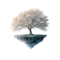 Whimsical floating tree with delicate, pastel colored leaves hovers above rocky surface, creating magical and surreal atmosphere. This enchanting element evokes sense of wonder and tranquility png