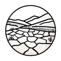 Circular design featuring abstract mountain and land patterns, symbolizing dry and cracked terrain. This artwork represents themes of desertification and climate change, evoking sense png
