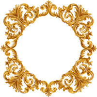 Ornate golden frame with intricate baroque design, featuring flowing elements and detailed patterns, perfect for showcasing artwork or photographs. This elegant piece adds touch of luxury png