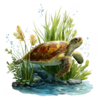 Serene ocean scene featuring turtle gracefully swimming among vibrant seagrass and aquatic plants, creating peaceful underwater atmosphere. turtle intricate shell patterns and surrounding flora png
