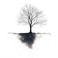 Minimalistic illustration of leafless tree with intricate branches, floating above celestial background filled with stars and cosmic elements, evokes sense of wonder and tranquility png