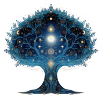 Cosmic tree of life illustration featuring intricate branches and leaves, adorned with celestial elements like stars and moons, radiating sense of wonder and connection to universe png