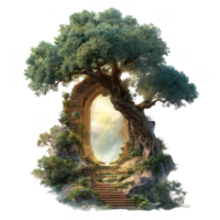 Majestic tree stands tall, framing mystical gateway that leads to serene landscape. scene evokes sense of wonder and tranquility, inviting exploration and imagination png