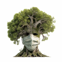 Unique tree with face, wearing medical mask, symbolizes environmental health and awareness. This creative representation highlights importance of protecting nature and our planet well being png