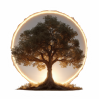 Majestic tree stands at center, illuminated by glowing halo, symbolizing strength and spirituality. warm light creates serene atmosphere, evoking feelings of peace and connection to nature png