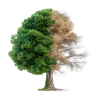 Striking visual representation of tree showcasing stark contrast between vibrant green foliage one side and dry, lifeless branches other. This symbolizes duality of nature and environmental change png