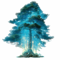 Luminous forest tree stands tall, radiating celestial glow amidst magical atmosphere. Its vibrant colors and sparkling elements create enchanting scene that evokes wonder and tranquility png