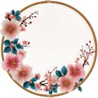 Beautiful floral embroidery hoop featuring delicate pink flowers and green leaves, creating vintage and handmade aesthetic. This charming design adds touch of elegance and warmth to any space png