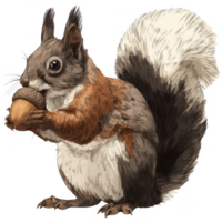 Detailed illustration of squirrel holding acorn, showcasing its fluffy tail and expressive features. This charming forest animal embodies playful spirit, perfect for nature themed designs png