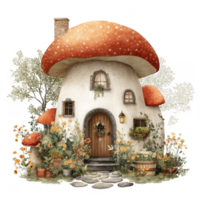 Whimsical mushroom house surrounded by vibrant flowers and greenery, creating fairytale atmosphere. charming design features large red mushroom cap and welcoming door, inviting imagination png