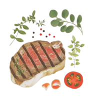 Grilled steak with fresh herbs tomato garlic and peppercorns in artistic display png
