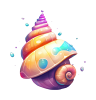 Vibrant spiral seashell with colorful patterns and floating pearls png