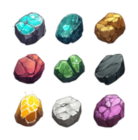 Collection of nine colorful gemstones in various shapes png