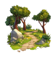 Idyllic forest pathway with trees and stones in a lush setting png