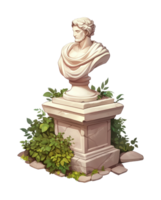 Classical marble bust of bearded male with laurel wreath in garden setting png