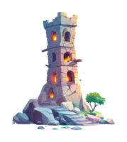 Fantasy stone tower with glowing windows and tree png