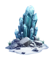Blue crystals cluster with snow and rocks surrounded by small plants png