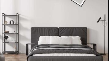 Modern loft style bedroom featuring empty picture frame perfect for adding personalized artwork, creating a contemporary and stylish living space ideal for apartments or hotels. video