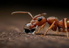 A red ant is drinking water from a single raindrop photo