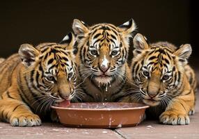Three tiger cubs are drinking milk from a plate photo