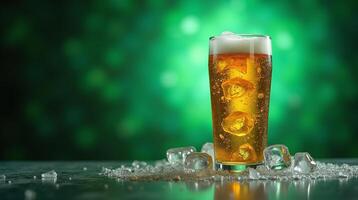 A glass of beer with ice cubes on a dark surface. photo