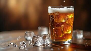 A glass of amber-colored beverage with ice cubes and bubbles. photo