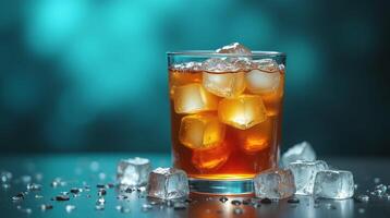 A refreshing beverage with ice cubes, set against a serene, muted backdrop. photo