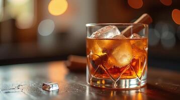 A glass of amber-colored beverage with ice, a cinnamon stick, and a cube on the table. photo