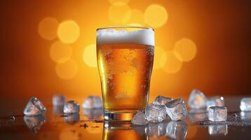 Crisp, amber-colored beer in a frosted glass, accompanied by scattered ice cubes against a warm, bokeh-lit backdrop. photo