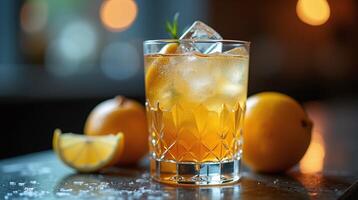 Amber-hued beverage in a decorative glass with ice, garnished with a sprig of mint and accompanied by whole and sliced oranges. photo