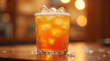 A glass of amber-colored beverage with ice cubes on a wooden table, bathed in warm, soft lighting. photo