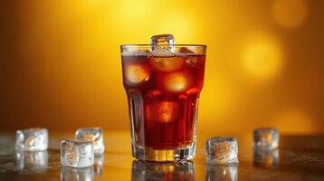 A glass filled with a dark beverage adorned with ice cubes. photo