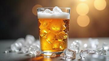 A glass of beer with ice, set against a warm, bokeh-lit background. photo